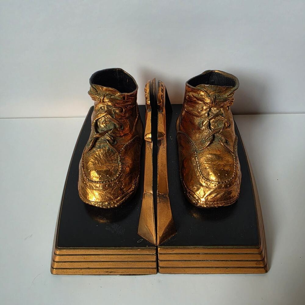 Pair Of Vintage Heavy Copper Bronze Baby Shoes Book Ends Bookends Holders Decor